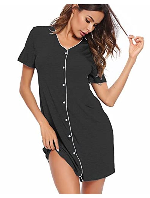 SWOMOG Women's Button Down Nightgown Short Sleeve Nightshirt V-Neck Sleepwear Boyfriend Sleepshirt Pajama Dress