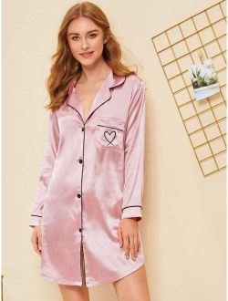 Heart Embroidered Satin Shirt Dress