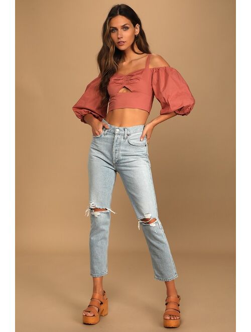 Lulus Tuscan Sunsets Terra Cotta Cold-Shoulder Crop Top