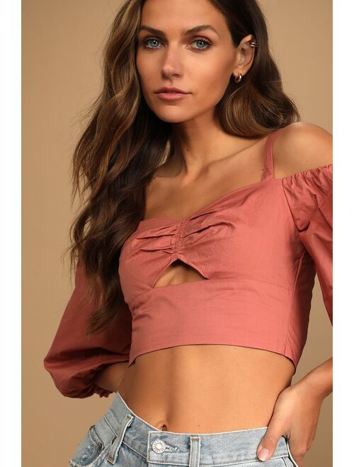 Lulus Tuscan Sunsets Terra Cotta Cold-Shoulder Crop Top