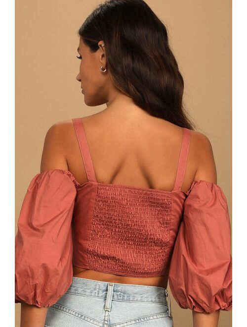 Lulus Tuscan Sunsets Terra Cotta Cold-Shoulder Crop Top