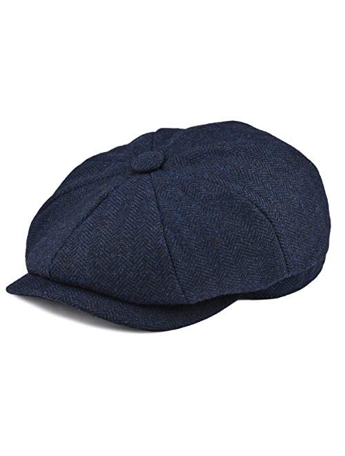 BOTVELA Men's 8 Piece Wool Blend Newsboy Flat Cap Herringbone Tweed Hat