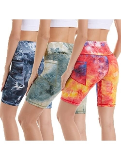 iniber Women's 7" high Waist Biker Shorts with Pockets Tummy Control Yoga Shorts Workout Running Compression Shorts tie dye