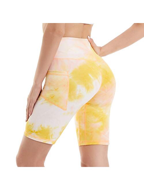 iniber Women's 7" high Waist Biker Shorts with Pockets Tummy Control Yoga Shorts Workout Running Compression Shorts tie dye