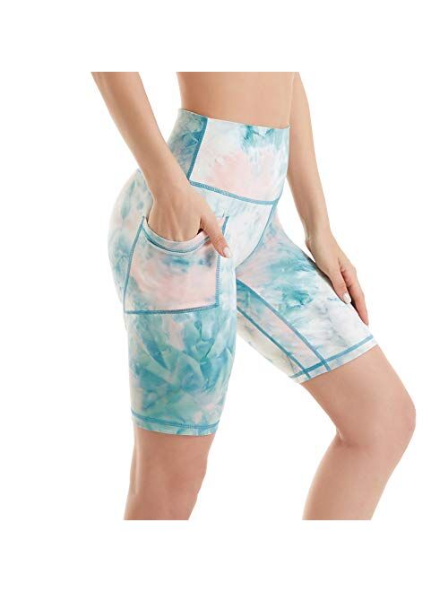 iniber Women's 7" high Waist Biker Shorts with Pockets Tummy Control Yoga Shorts Workout Running Compression Shorts tie dye