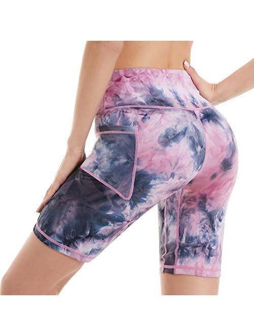 iniber Women's 7" high Waist Biker Shorts with Pockets Tummy Control Yoga Shorts Workout Running Compression Shorts tie dye