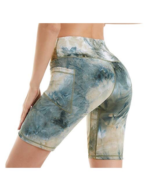 iniber Women's 7" high Waist Biker Shorts with Pockets Tummy Control Yoga Shorts Workout Running Compression Shorts tie dye