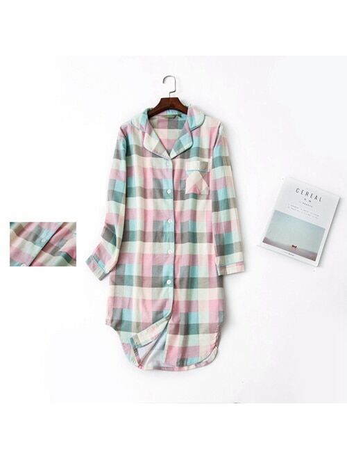 Plus size 100% Cotton Women's Flannel Boyfriend Nightshirt Nightgown Nightdress Pink Plaid Cat Sleepwear Sleepshirt Nightgowns