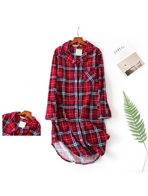 Plus size 100% Cotton Women's Flannel Boyfriend Nightshirt Nightgown Nightdress Pink Plaid Cat Sleepwear Sleepshirt Nightgowns