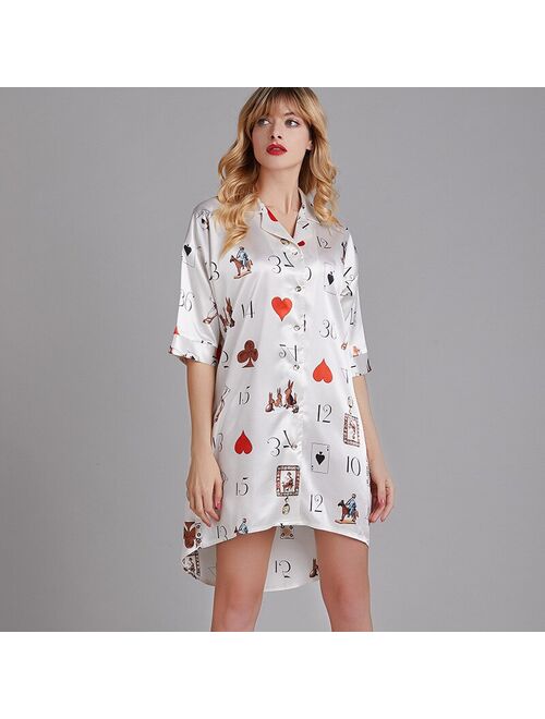 Summer  Silk Womens Sleepwear Sexy Sleepshirt Long Print Ladies Nightgown Young Girl Outwear Nightdress Party