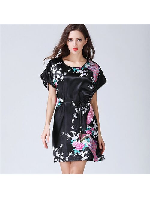 Summer  Silk Womens Sleepwear Sexy Sleepshirt Long Print Ladies Nightgown Young Girl Outwear Nightdress Party