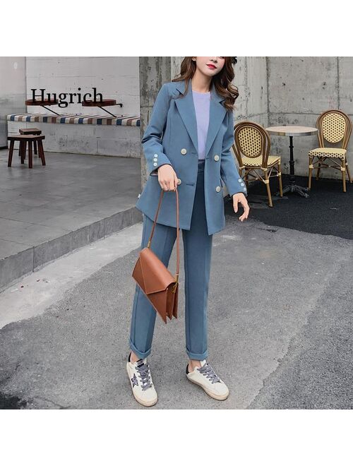 Fashion Women Blazer Suits Long Sleeve Double- Breasted Blazer Pants Suit Office Ladies Two-Piece Blazer Sets 2021