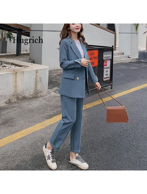 Fashion Women Blazer Suits Long Sleeve Double- Breasted Blazer Pants Suit Office Ladies Two-Piece Blazer Sets 2021