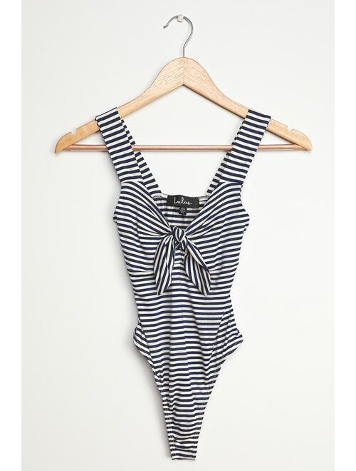 Lulus Ride or Tie Navy Blue Striped Sleeveless Tie-Front Bodysuit