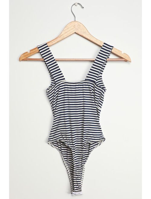 Lulus Ride or Tie Navy Blue Striped Sleeveless Tie-Front Bodysuit