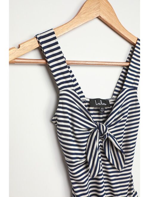 Lulus Ride or Tie Navy Blue Striped Sleeveless Tie-Front Bodysuit