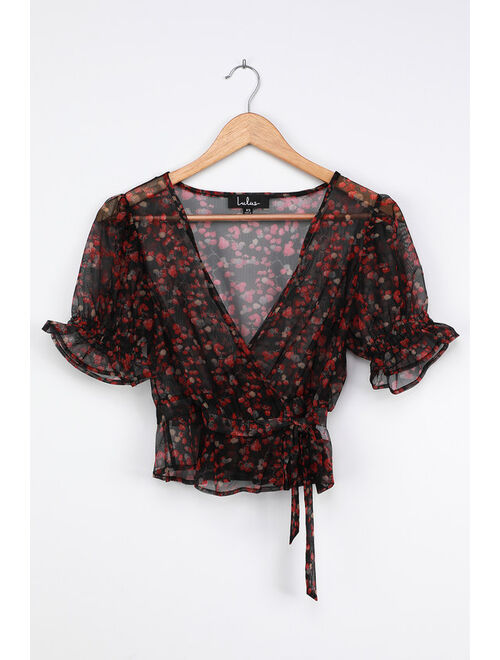 Lulus Signature Style Black Floral Print Sheer Ruffled Wrap Top