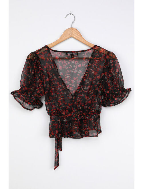 Lulus Signature Style Black Floral Print Sheer Ruffled Wrap Top