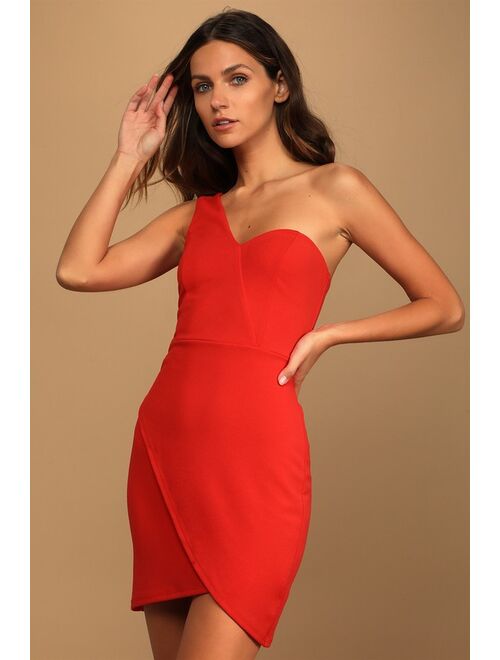 Lulus Get Gorgeous Red One-Shoulder Faux-Wrap Bodycon Mini Dress