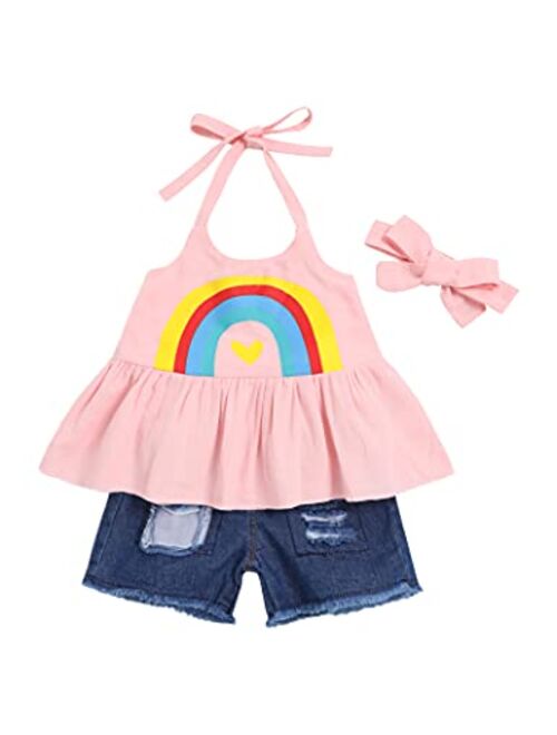 Toddler Girl Clothes Cute Sleeveless Rainbow Dress Camisole + Shorts Jeans + Headband Little Girls Summer Outfits Set