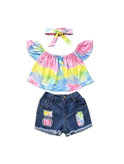 Toddler Baby Girl Summer Outfits Off Shoulder Shirt Top and Jeans Shorts Clothes Set