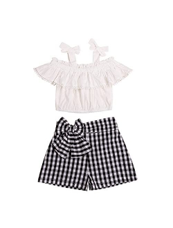 Toddler Baby Girl Summer Outfits Off Shoulder Shirt Top and Jeans Shorts Clothes Set