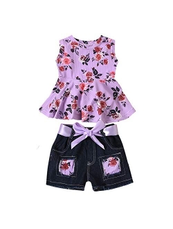 Toddler Baby Girl Summer Outfits Off Shoulder Shirt Top and Jeans Shorts Clothes Set