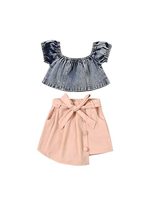 Toddler Baby Girl Summer Outfits Off Shoulder Shirt Top and Jeans Shorts Clothes Set