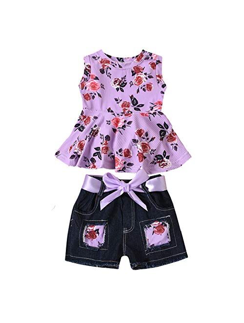 Toddler Baby Girl Summer Outfits Off Shoulder Shirt Top and Jeans Shorts Clothes Set