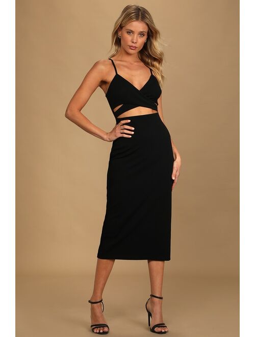 Lulus Cross Your Heart Black Surplice Cutout Bodycon Midi Dress