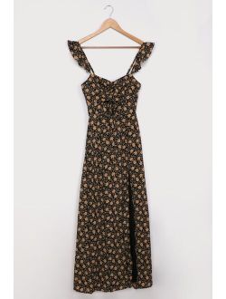 The Way to Love Black Floral Print Ruffled Maxi Dress