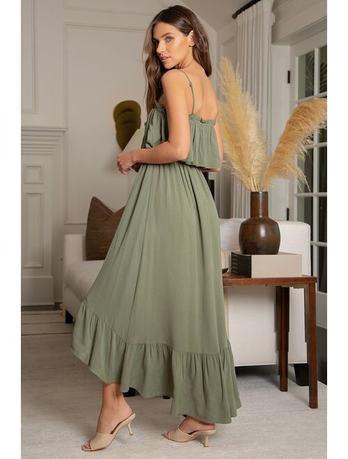 Lulus Sincerely Yours Olive Green Ruffled Midi Dress