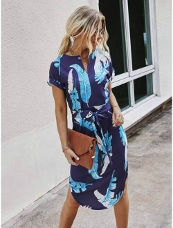 Notched Neck Geo Print Belted Dress