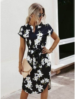 Notched Neck Geo Print Belted Dress