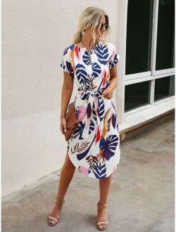 Notched Neck Geo Print Belted Dress