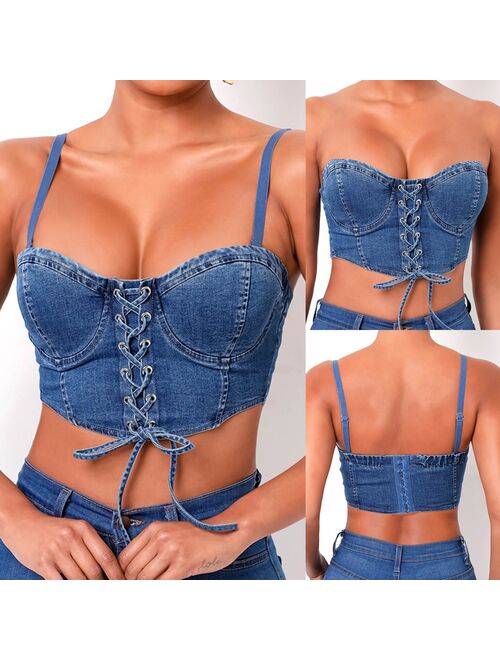 Denim Strap Sling Women's Fashion Solid Color Denim Slim Zip Mini Sleeveless Bandage Blouse Топик Женский