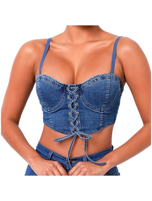 Denim Strap Sling Women's Fashion Solid Color Denim Slim Zip Mini Sleeveless Bandage Blouse Топик Женский