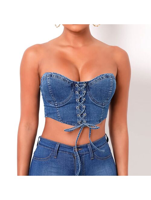 Denim Strap Sling Women's Fashion Solid Color Denim Slim Zip Mini Sleeveless Bandage Blouse Топик Женский