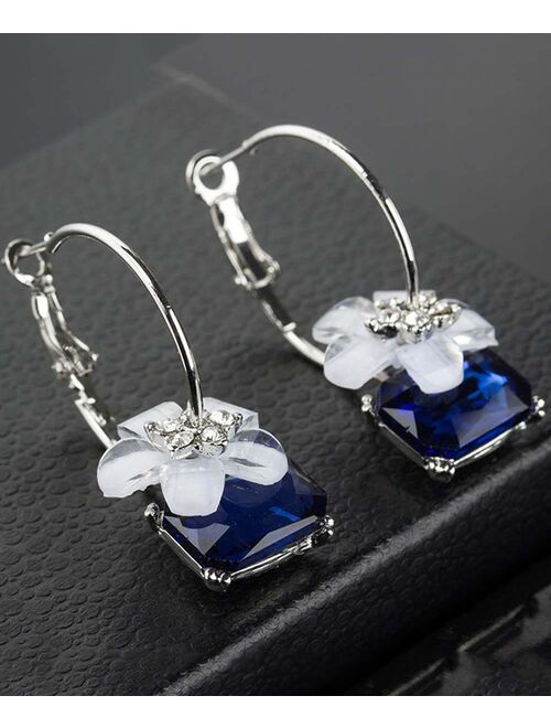 Streetregion Cubic Zirconia & Blue Crystal Flower Hoop Earrings