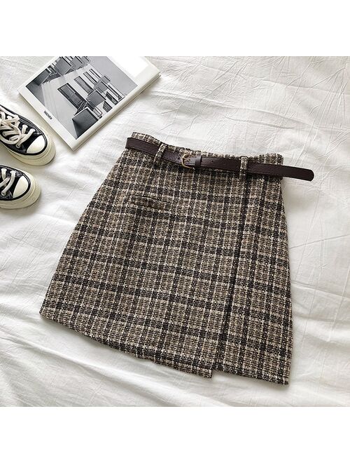 Summer sex A-line Mini Skirt Vintage Casual Women Plaid Skirt Chic Sashes Korean Irregular Lady Skirt Female Sweet High Waist