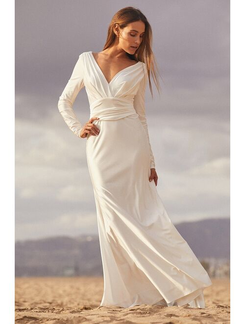 Lulus Magnificent Romance White Satin Long Sleeve Mermaid Maxi Dress