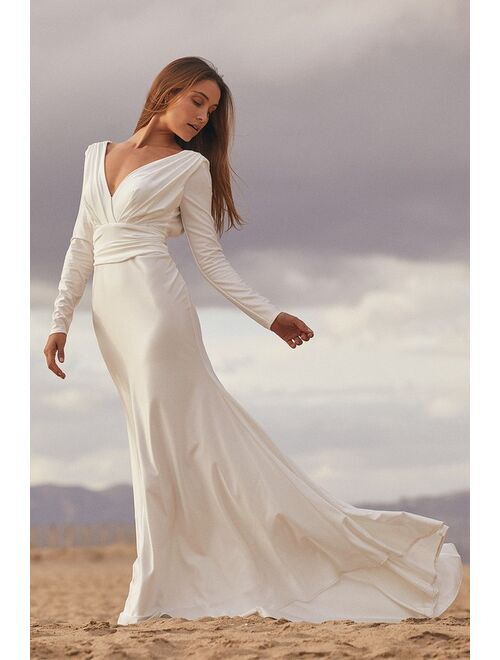 Lulus Magnificent Romance White Satin Long Sleeve Mermaid Maxi Dress