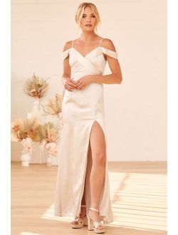 Each and Every Day Champagne Satin Off-the-Shoulder Maxi Dress