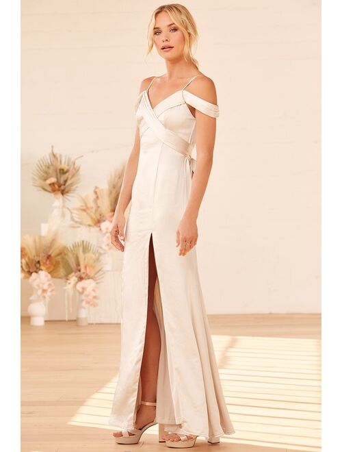 Lulus Each and Every Day Champagne Satin Off-the-Shoulder Maxi Dress