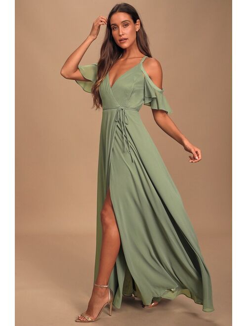 Lulus Easy Listening Slate Blue Cold-Shoulder Wrap Maxi Dress