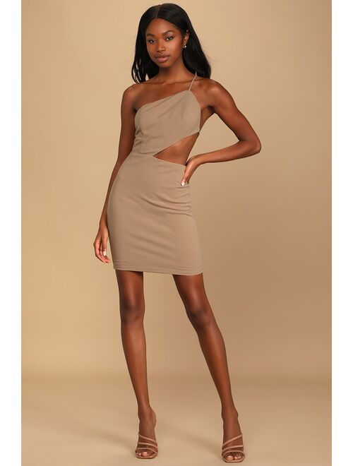 Lulus Cheers to the Night Tan One-Shoulder Cutout Bodycon Mini Dress