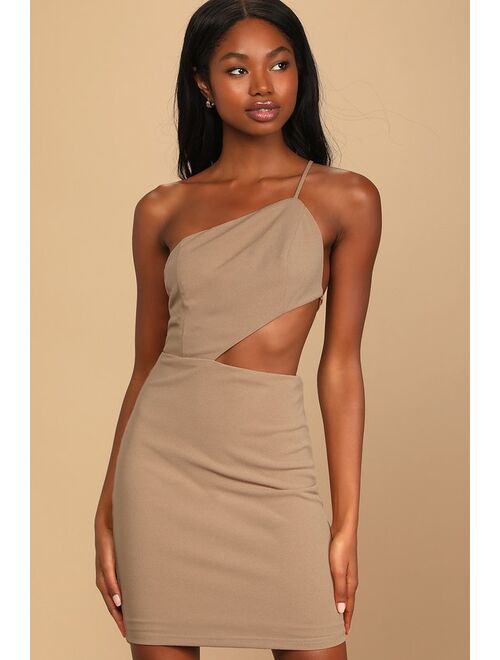 Lulus Cheers to the Night Tan One-Shoulder Cutout Bodycon Mini Dress