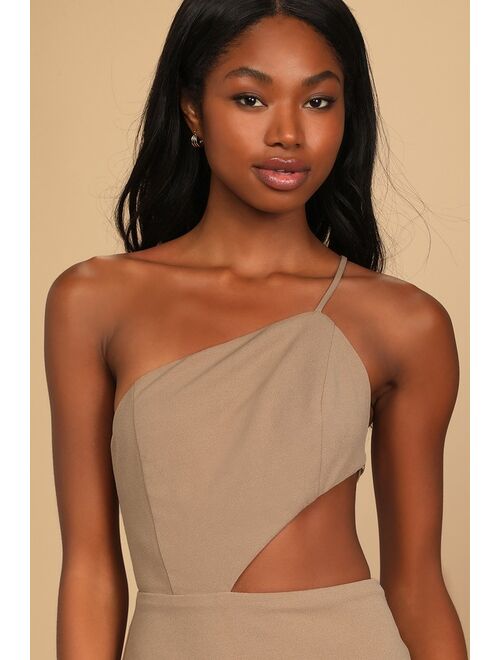 Lulus Cheers to the Night Tan One-Shoulder Cutout Bodycon Mini Dress