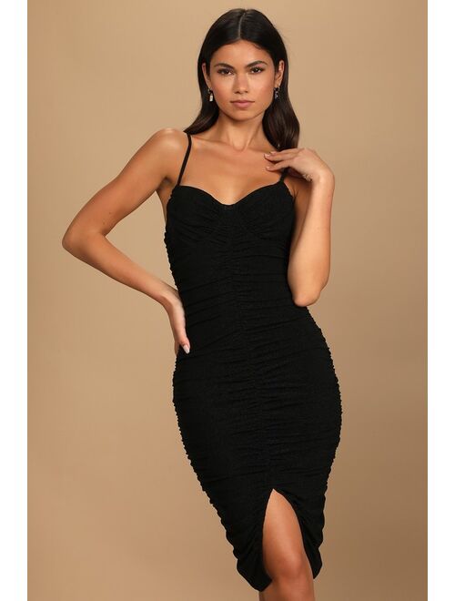 Lulus Boldest Babe Black Sparkly Ruched Bustier Bodycon Dress