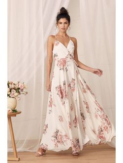 Elegantly Inclined Cream Floral Print Wrap Maxi Dress